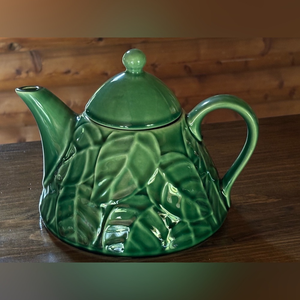 Vintage Pier-1 Imports Teapot Jade Leaves Green Stoneware Pier One Collection 7"